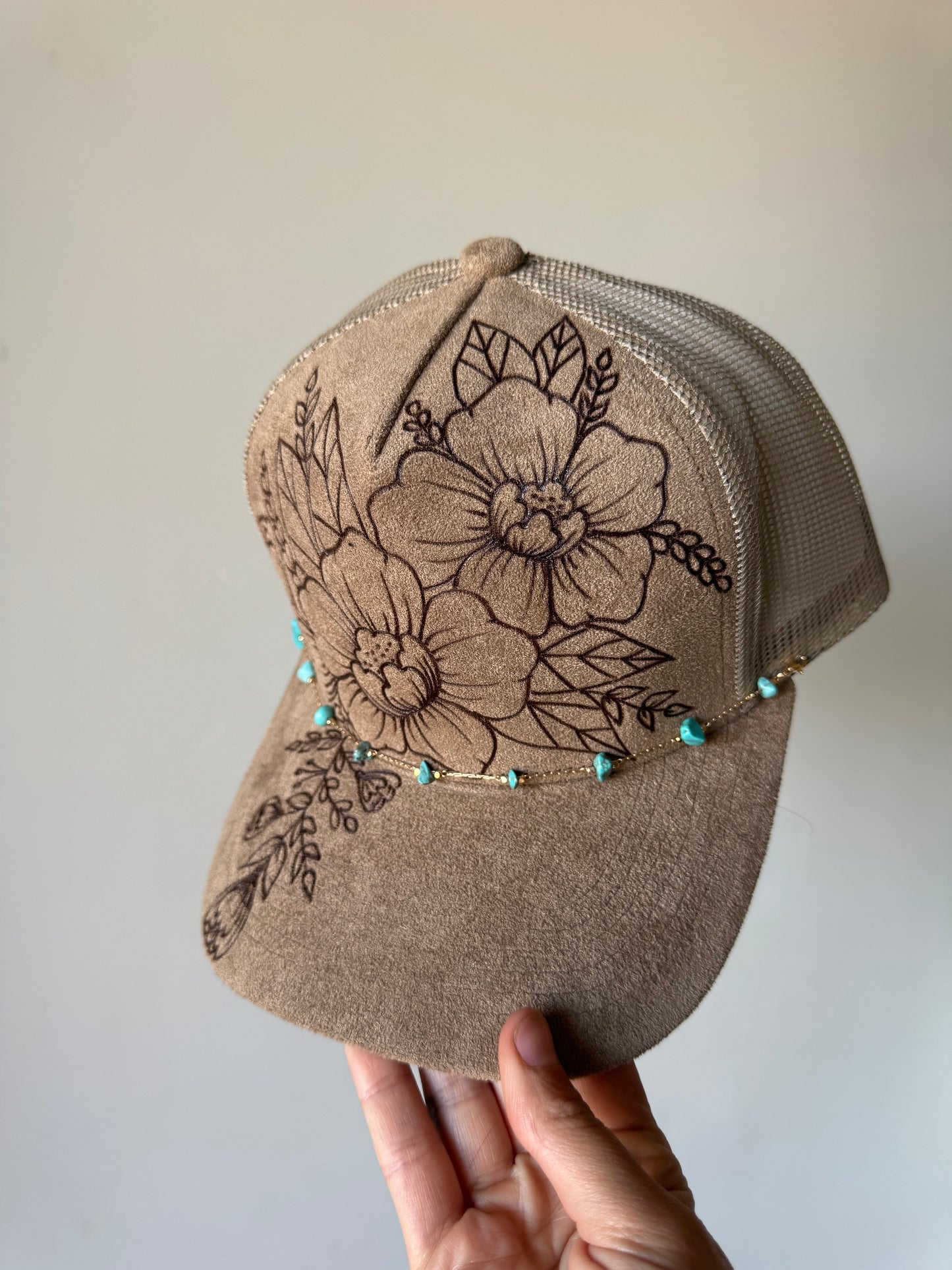 Southwestern Sweetheart Burned Trucker Hat with Dainty Turquoise Chain