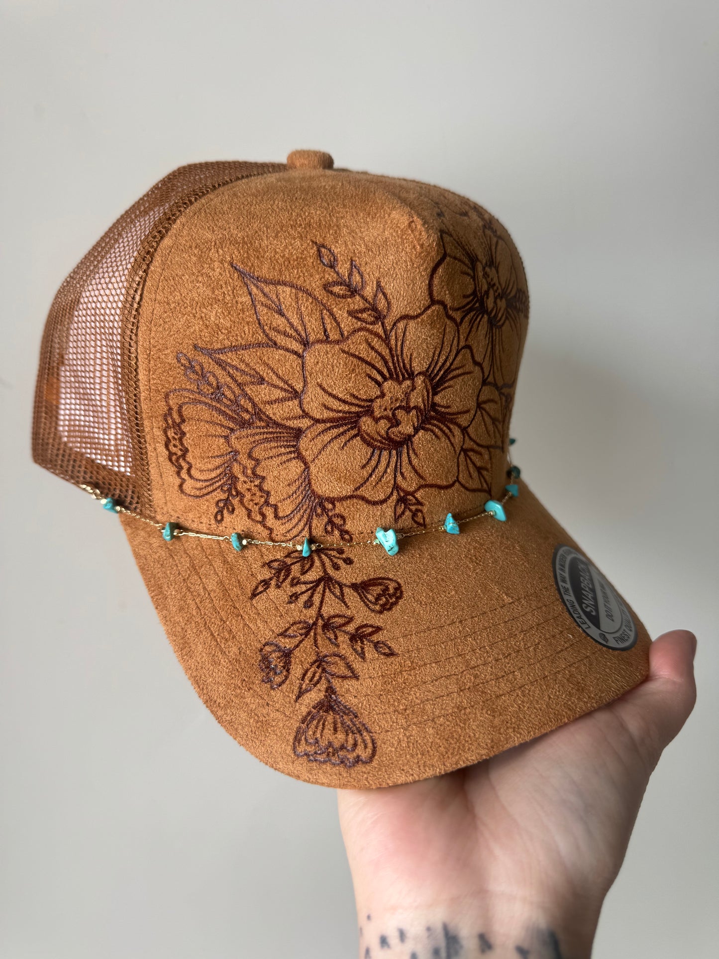 Burned Suede Trucker Hat with Turquoise Hat Chain