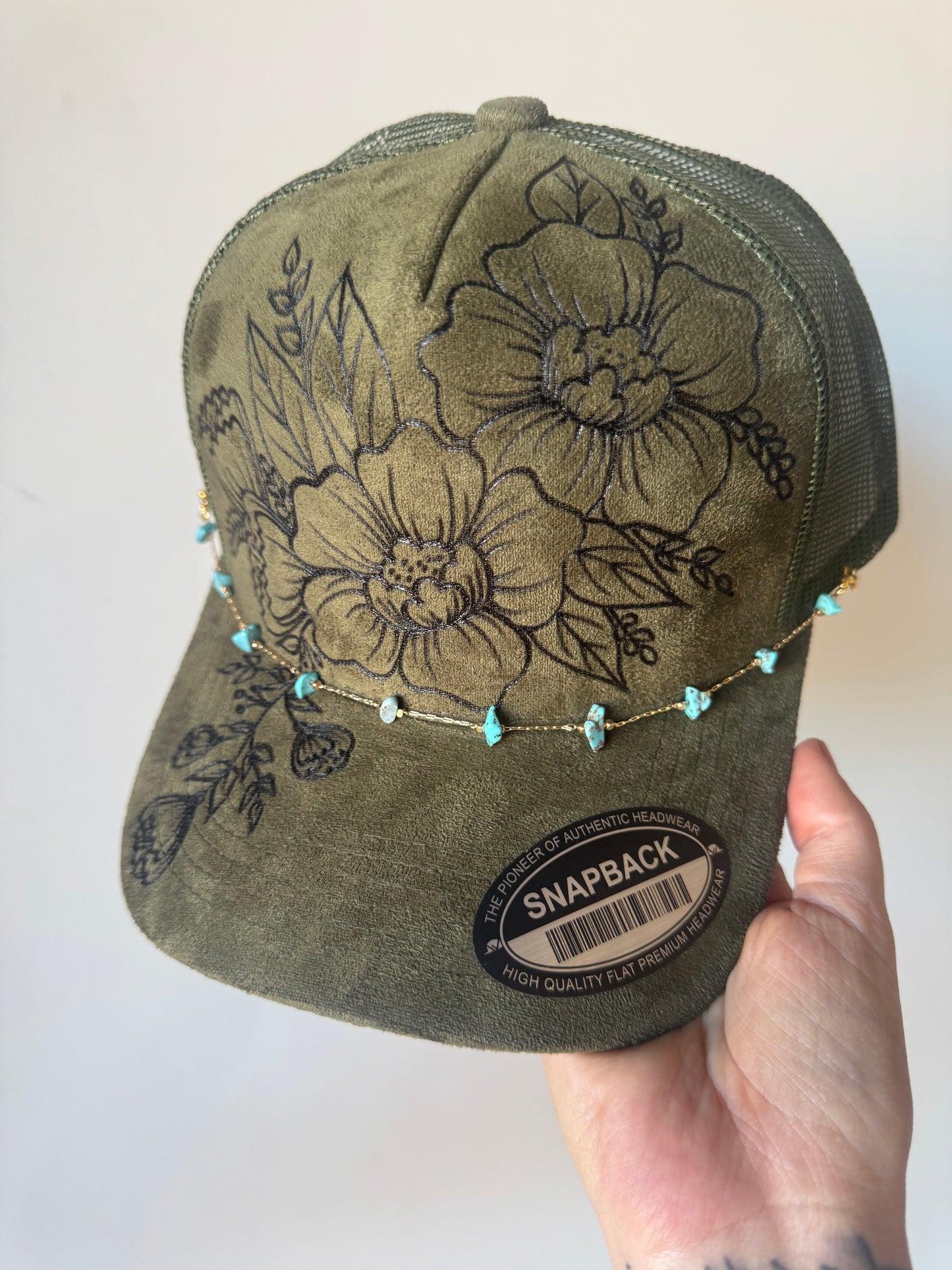 Burned Suede Trucker Hat with Turquoise Hat Chain