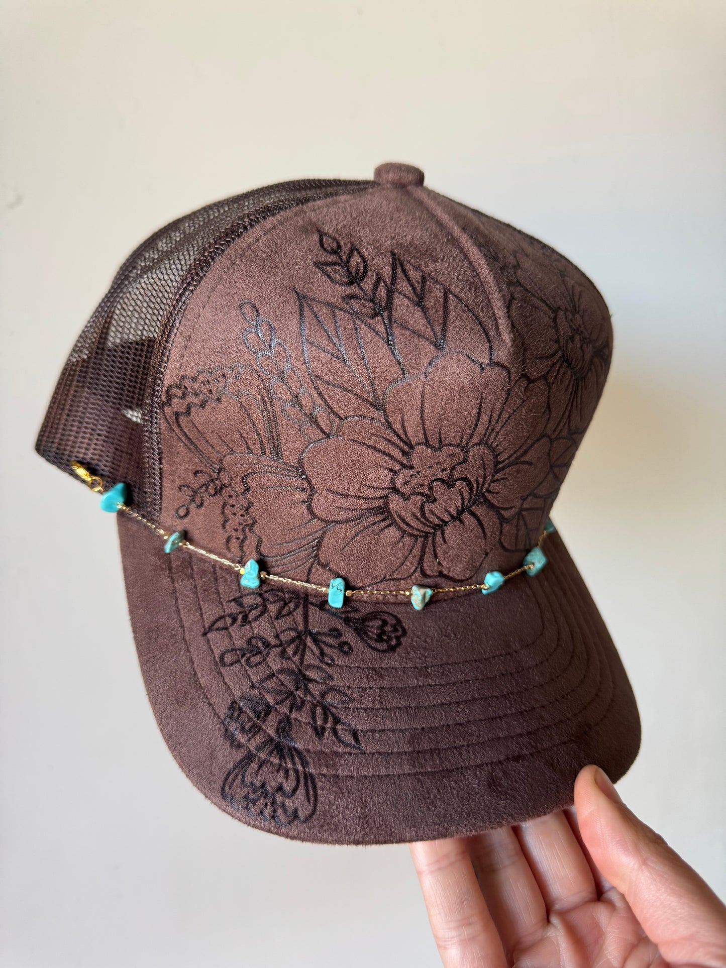 Southwestern Sweetheart Burned Trucker Hat with Dainty Turquoise Chain