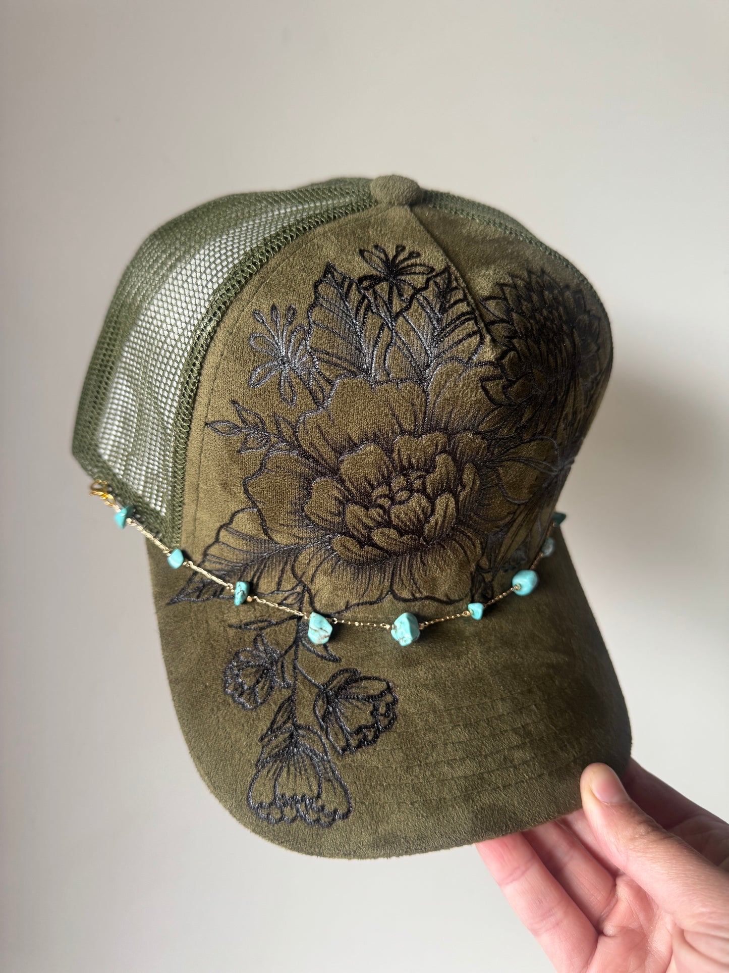 Flower Patch Burned Suede Trucker Hat with Dainty Turqoise Stone Chain