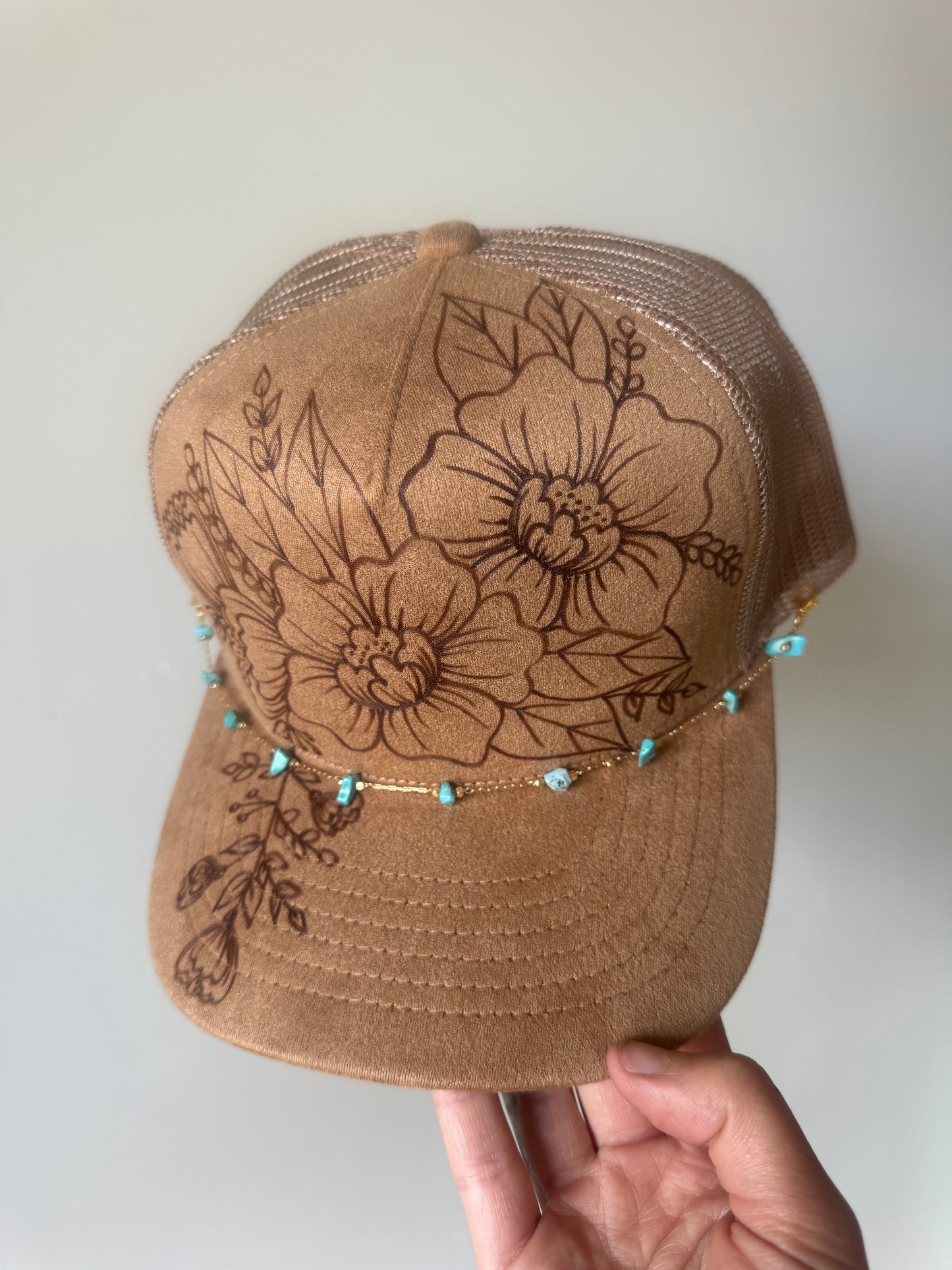 Southwestern Sweetheart Burned Trucker Hat with Dainty Turquoise Chain