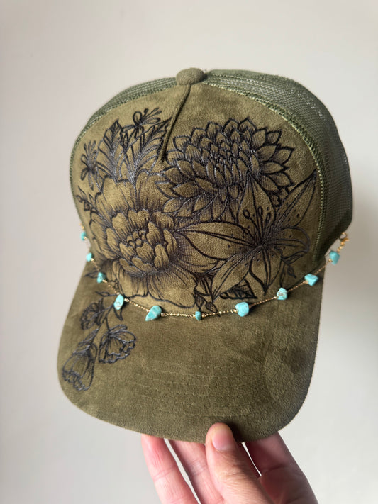 Flower Patch Burned Suede Trucker Hat with Dainty Turqoise Stone Chain