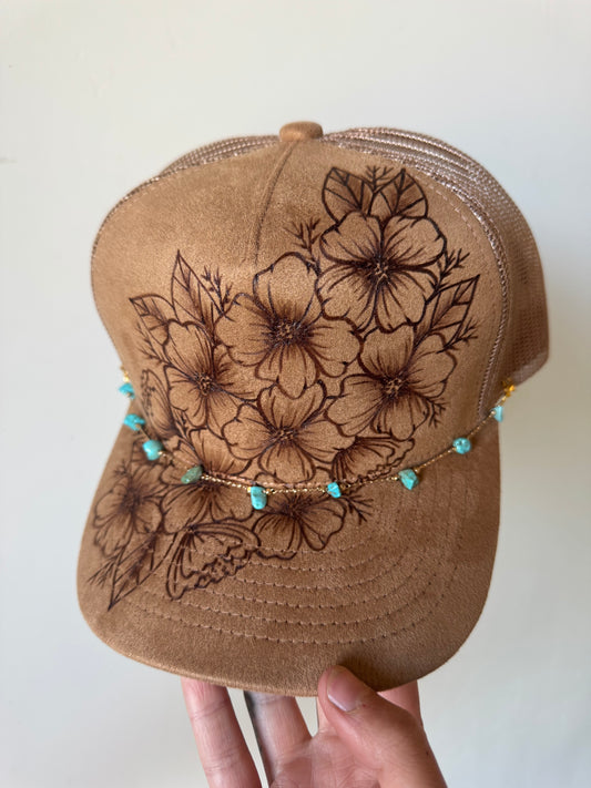 Coastal Cowgirl Tan Trucker Hat with Dainty Turquoise Chain