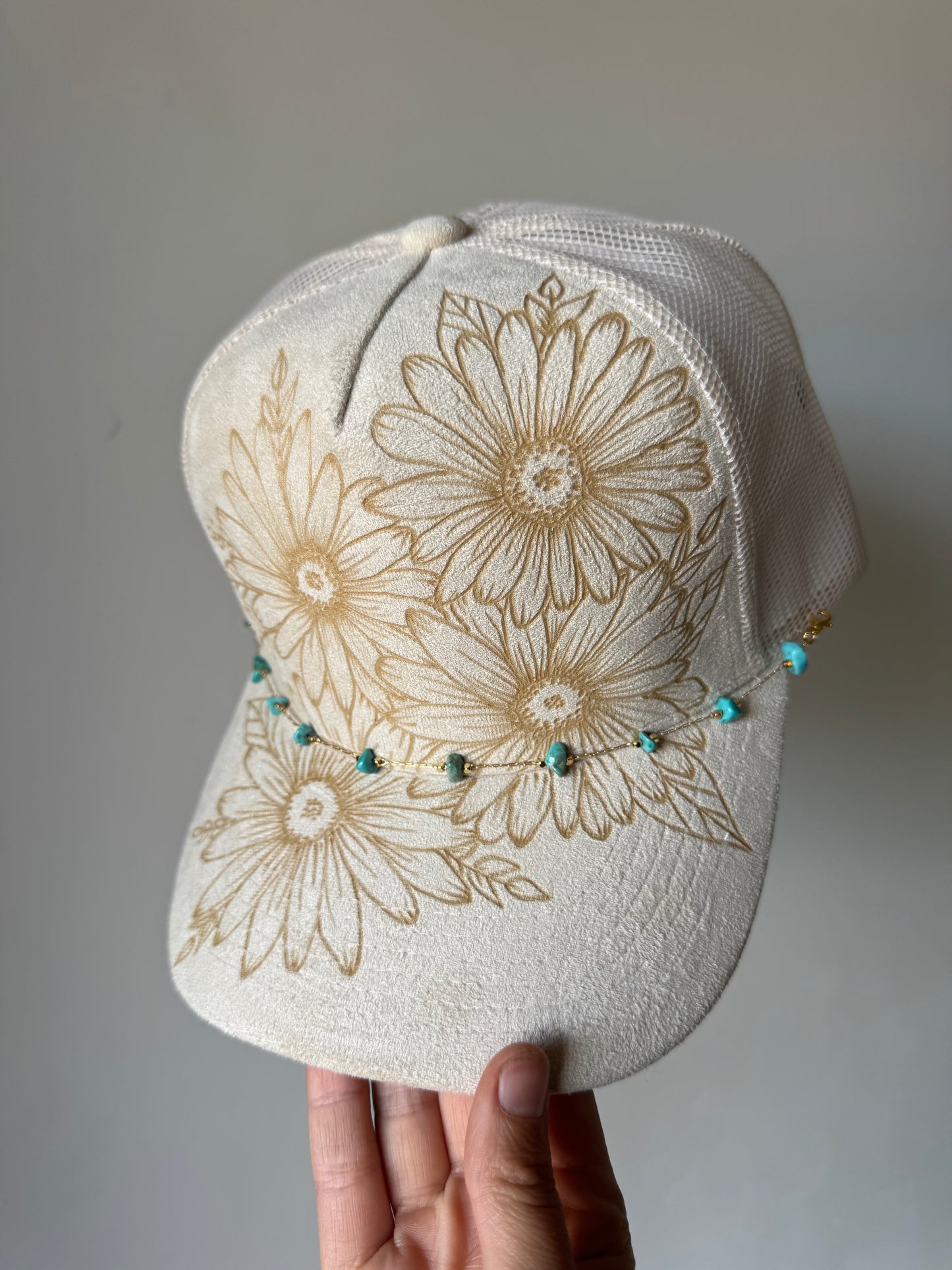 Desert Daisy Burned Trucker Hat with Dainty Turquoise Chain