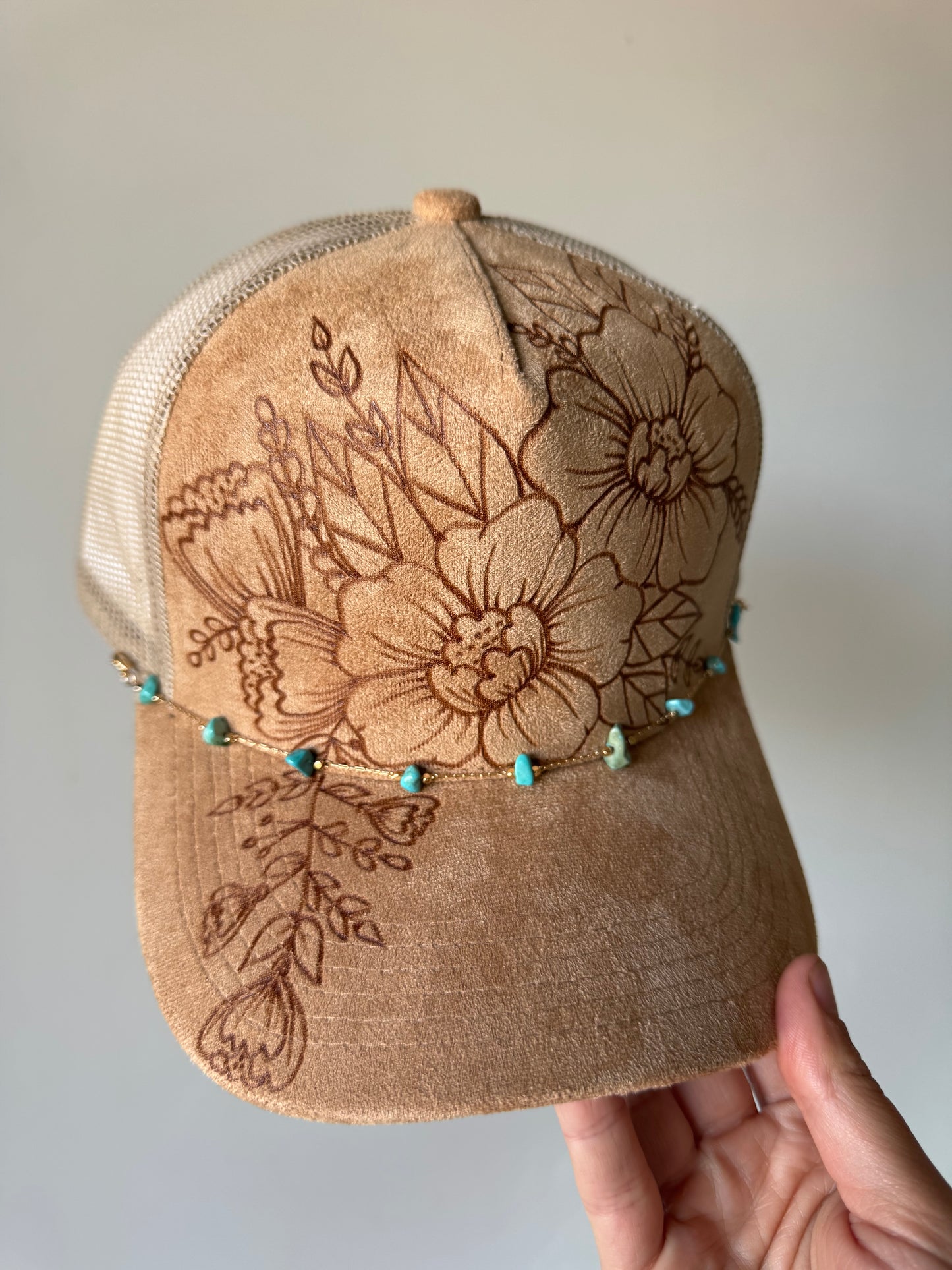 Southwestern Sweetheart Burned Trucker Hat with Dainty Turquoise Chain