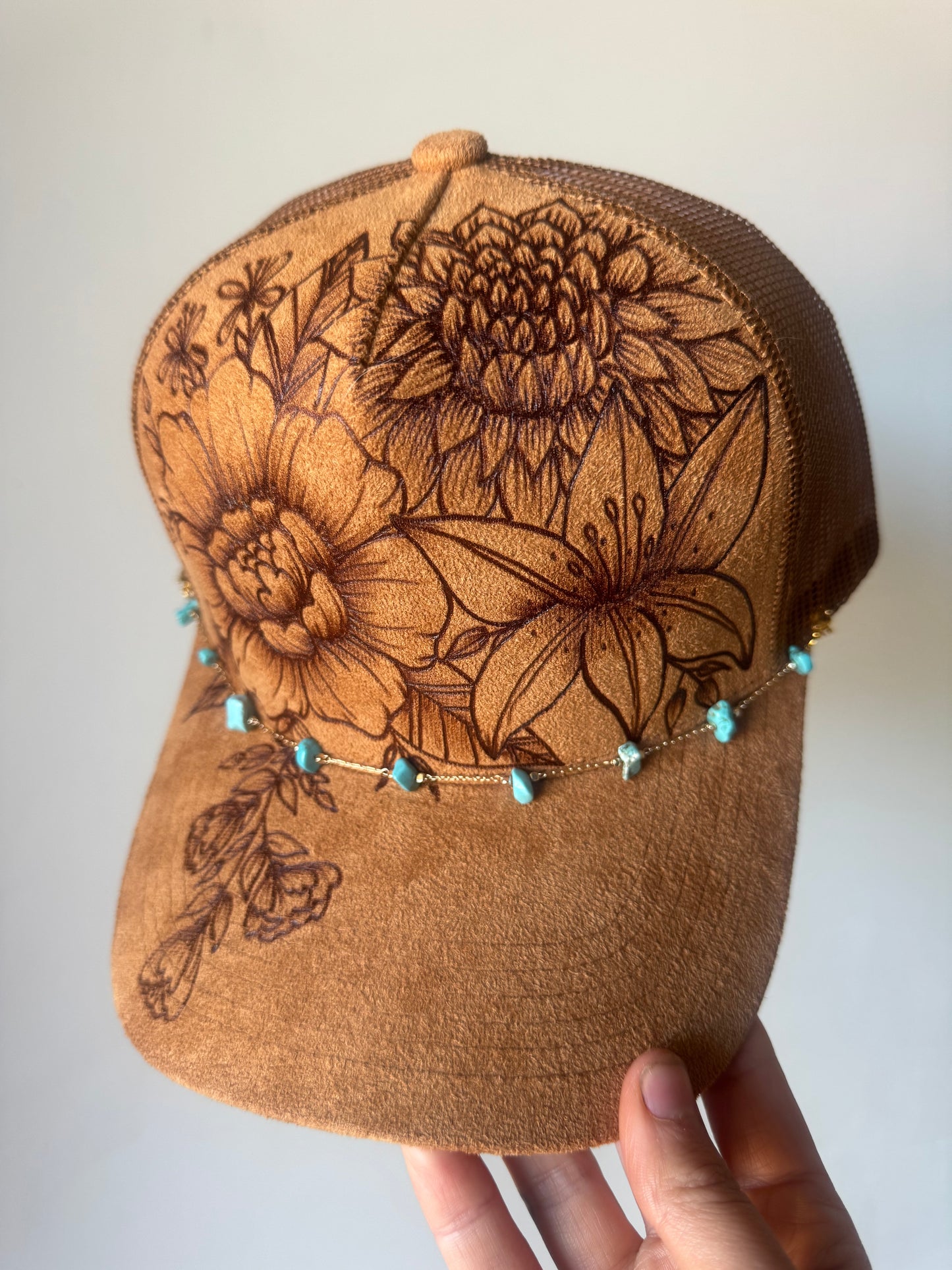 Flower Patch Burned Suede Trucker Hat with Dainty Turqoise Stone Chain