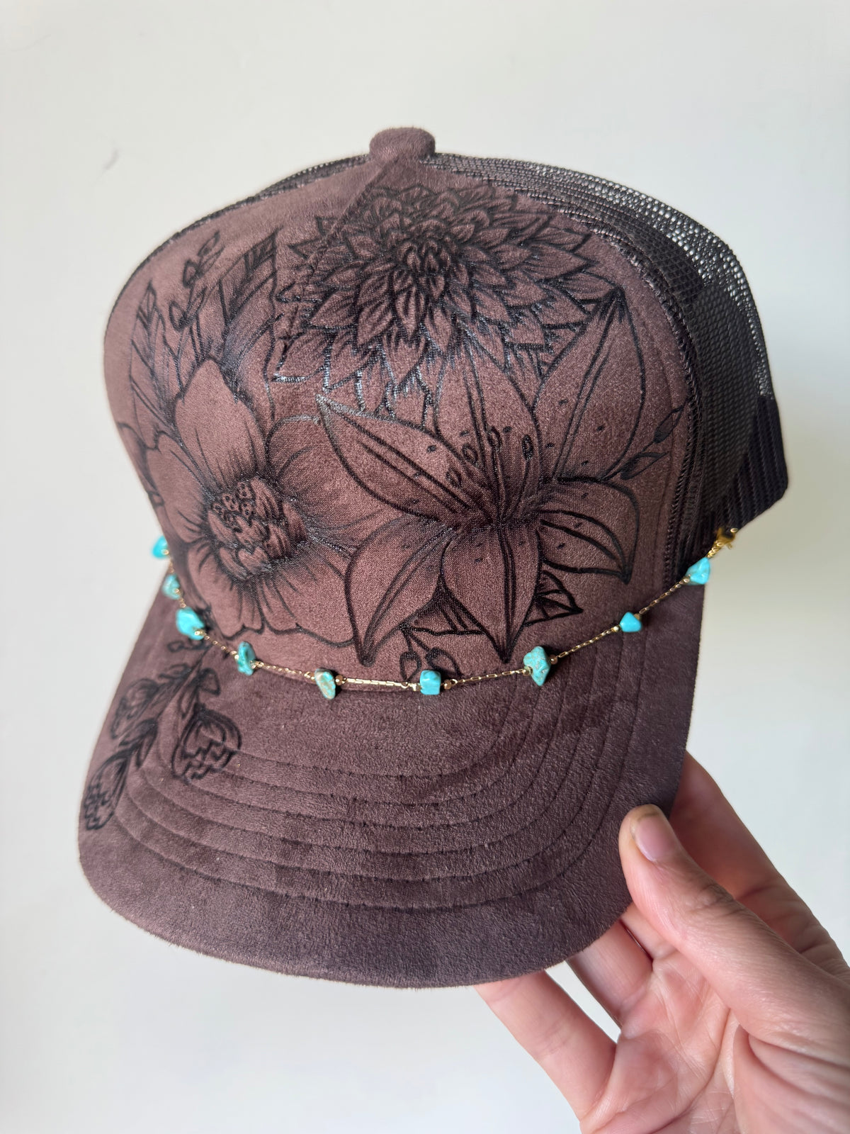 Flower Patch Burned Suede Trucker Hat with Dainty Turqoise Stone Chain