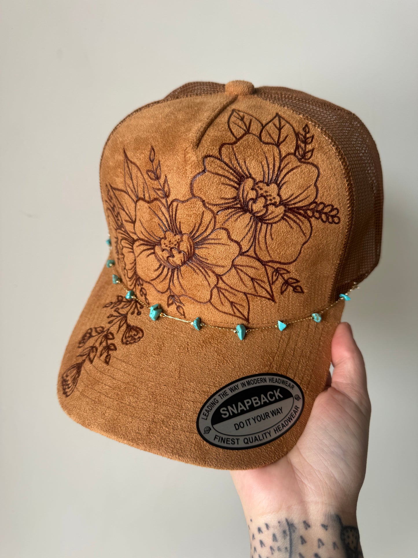 Burned Suede Trucker Hat with Turquoise Hat Chain