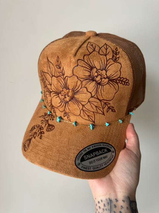 Burned Suede Trucker Hat with Turquoise Hat Chain