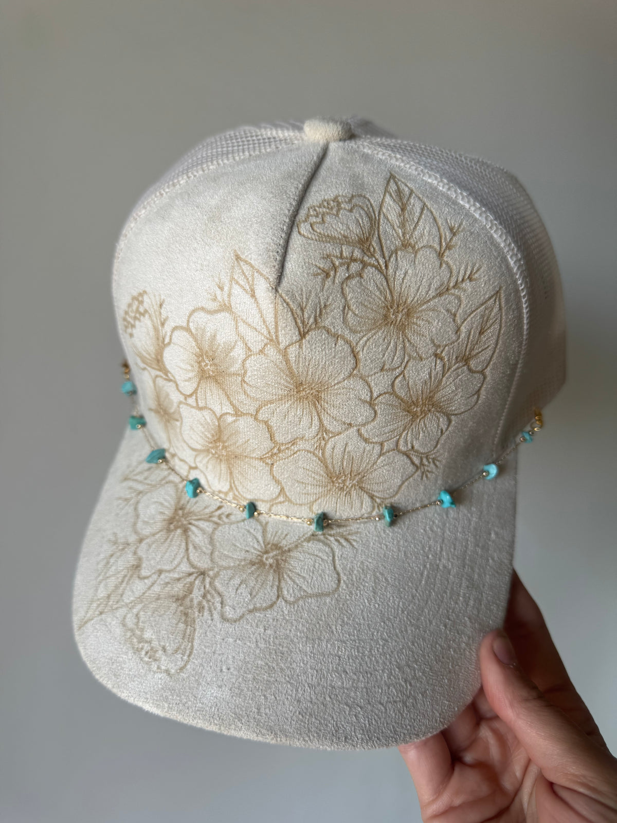 Coastal Cowgirl Trucker Hat with Dainty Turquoise Chain