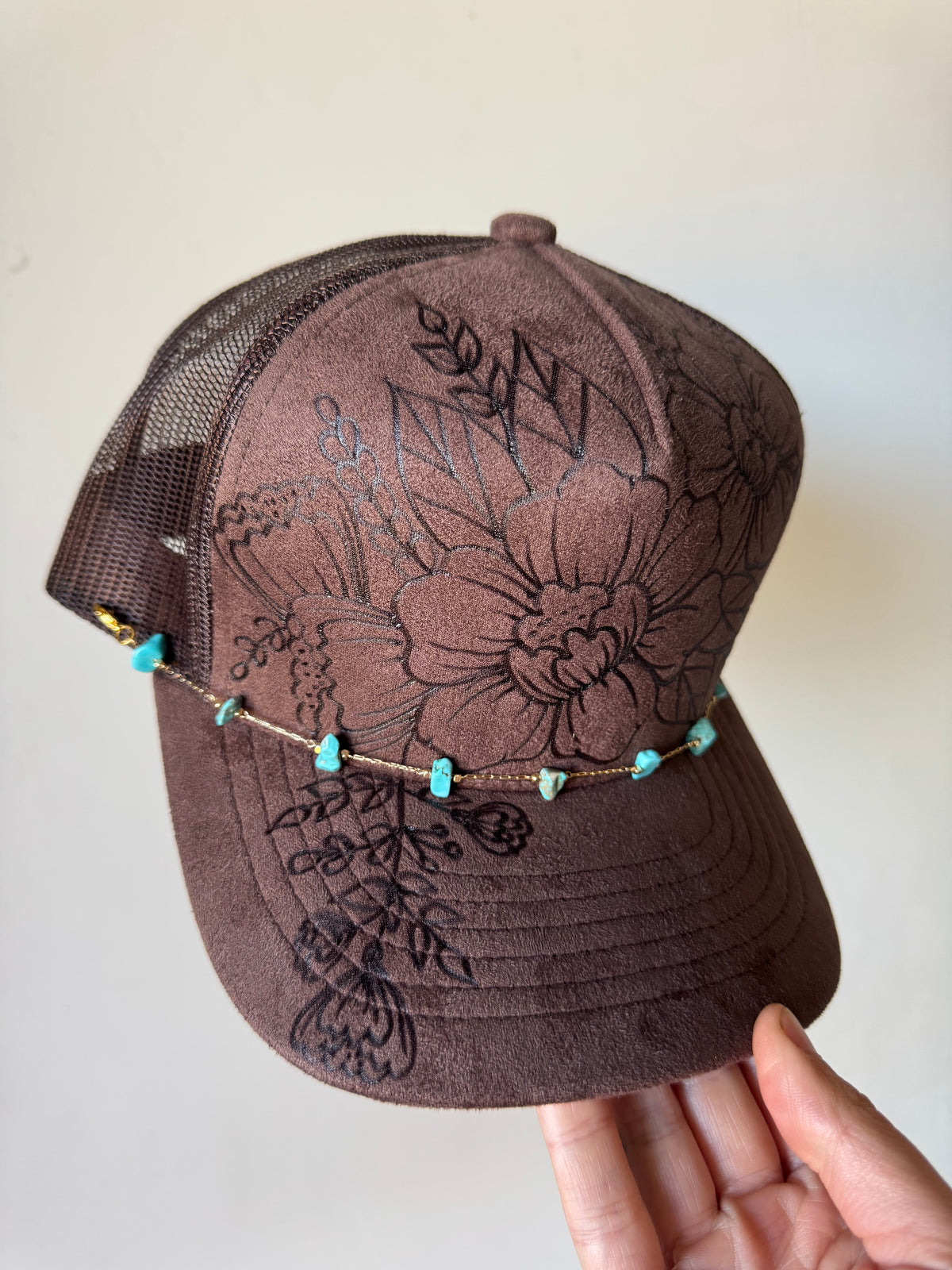 Southwestern Sweetheart Burned Trucker Hat with Dainty Turquoise Chain